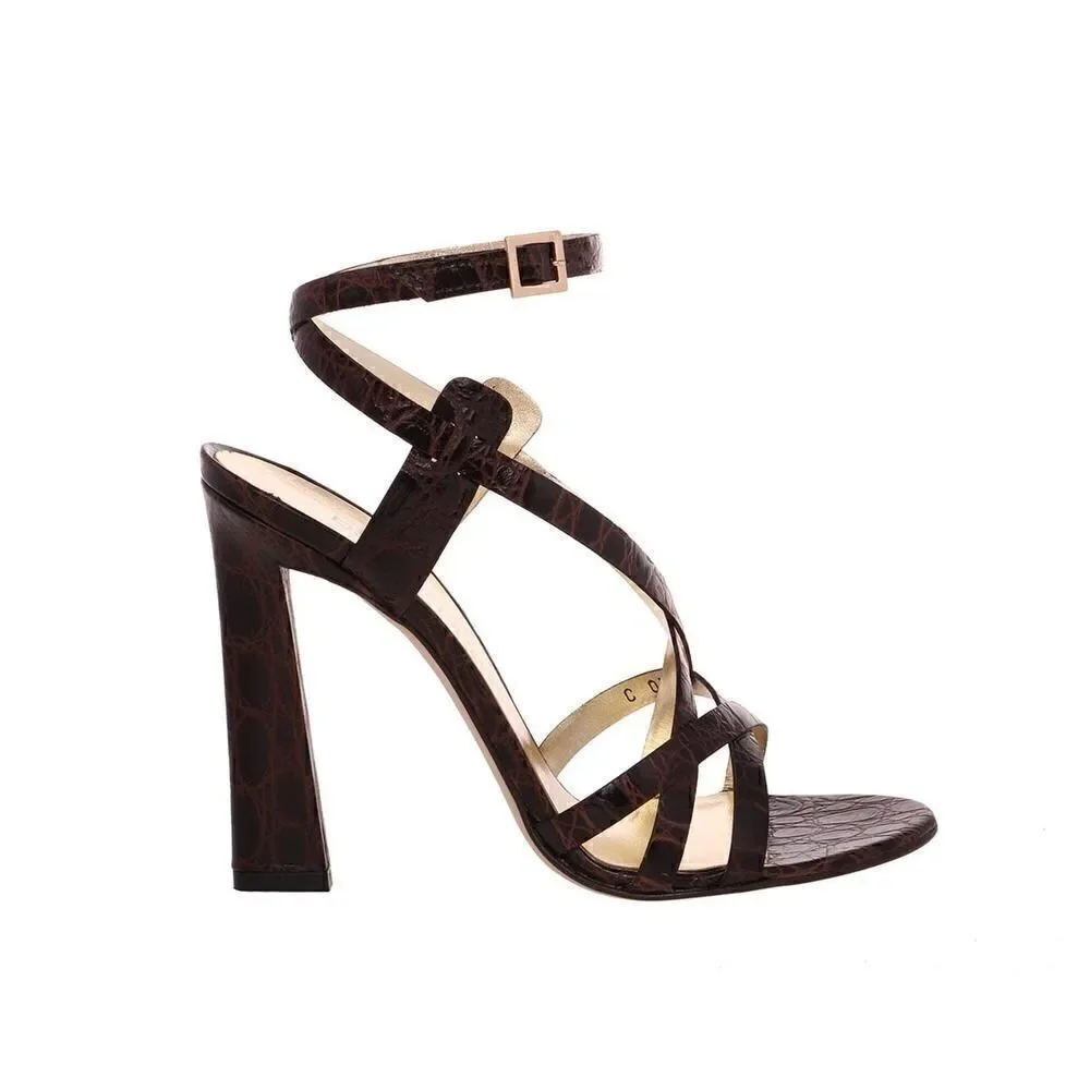 New DSQUARED 2 Women Shoes US 8 Brown Croc Embossed Leather High Heel Sandals